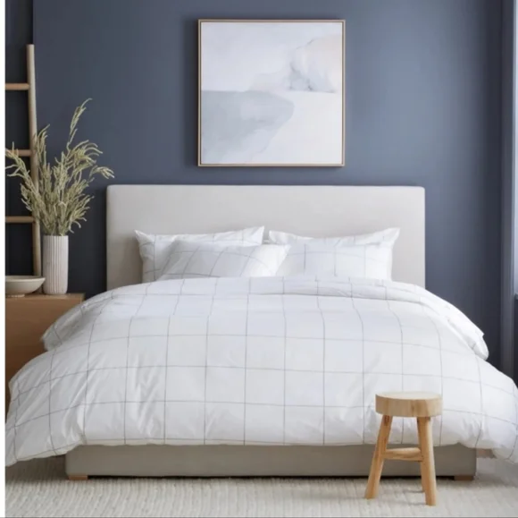 Classic Organic Cotton Percale Duvet Cover + 2 Shams TWIN Bedding Set Windowpane - Picture 5 of 10